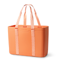 Sun-Day Collapsible Tote in Hot Tropic, solid coral orange tote bag with light pink checkerboard patterned carry loops and matching strap