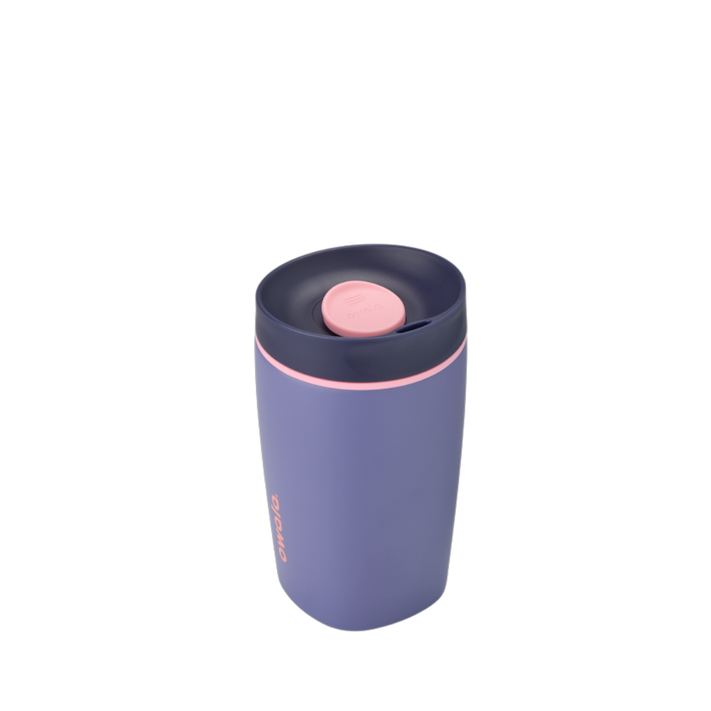 SmoothSip Slider 12oz, periwinkle blue body with navy lid and pink slider button