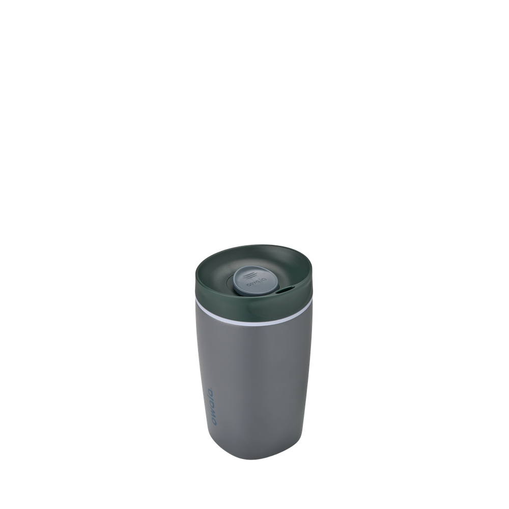SmoothSip Slider 12oz in Off the Grid, dark gray body with forest green lid, gray slider button, white accent ring, and dark gray Owala logo
