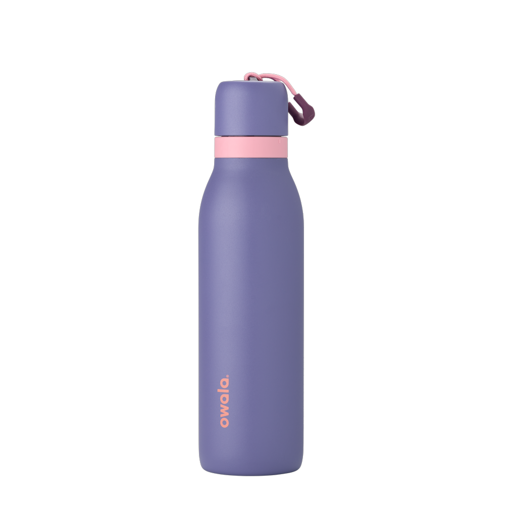 FreeSip Twist UK 18oz, medium purple insulated water bottle with pink accent band and coral carry loop