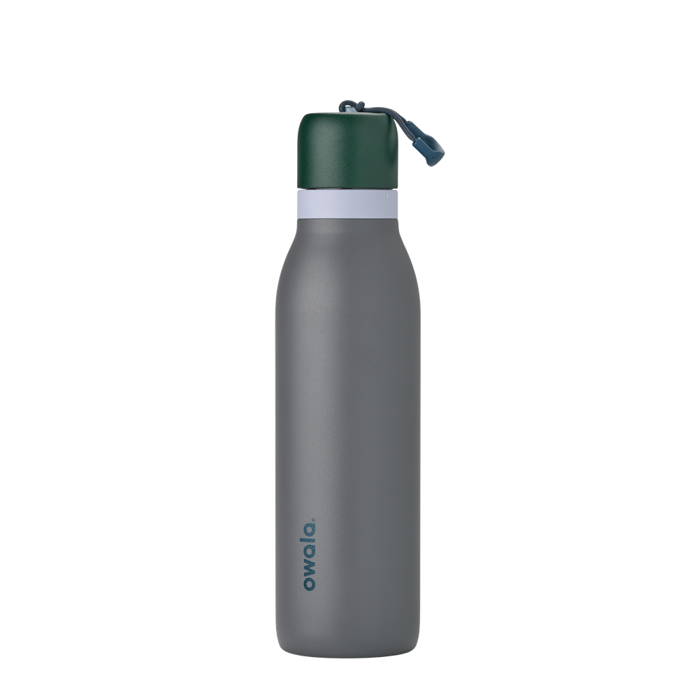 FreeSip Twist UK 18oz, slate gray insulated water bottle with dark forest green twist cap and gray carry loop