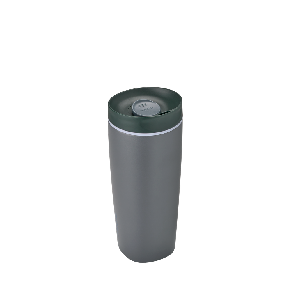 SmoothSip Slider 20oz in Off the Grid; charcoal gray body with dark forest green lid and pale blue slider button