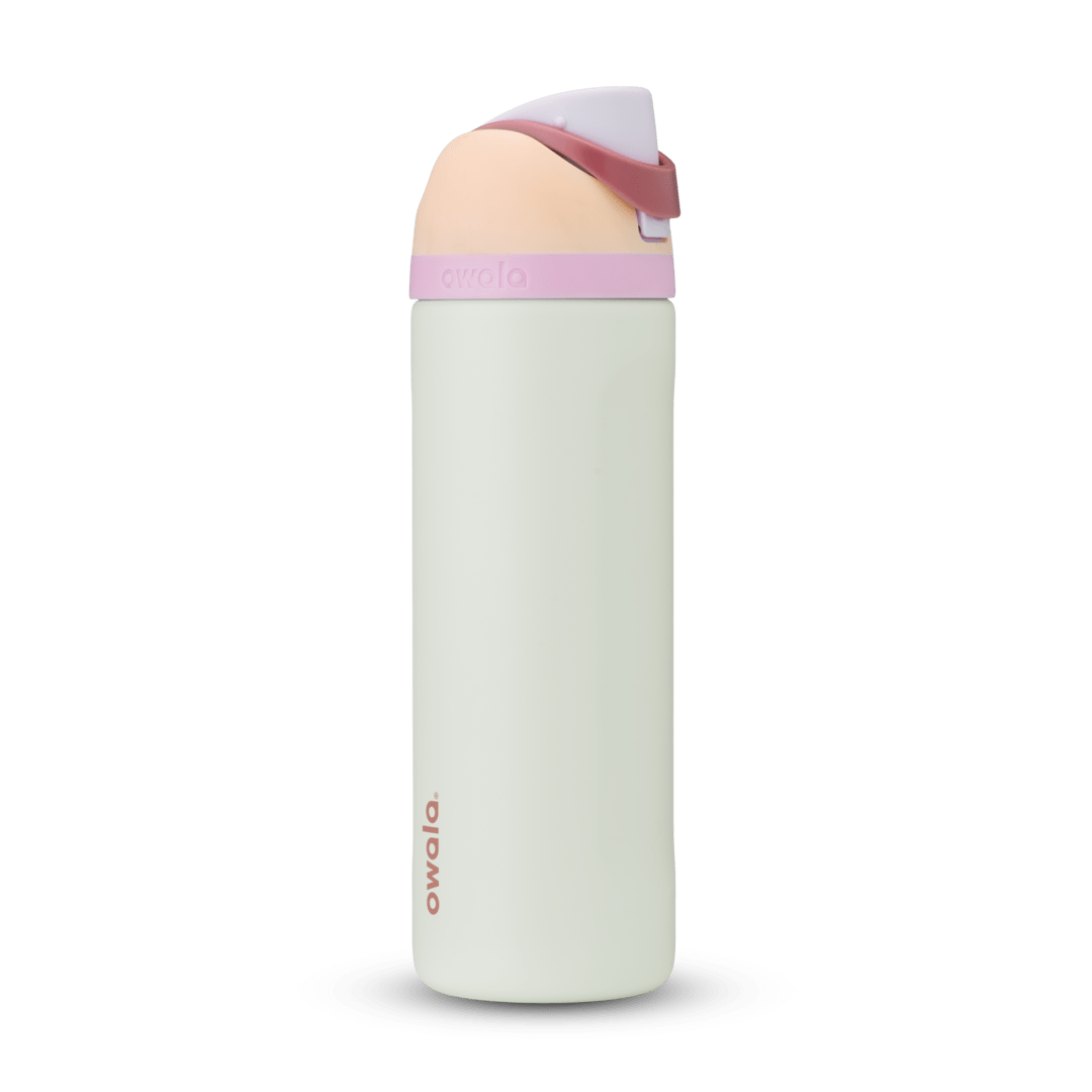 FreeSip 24oz water bottle, off-white cream body with blush pink and white color-block lid, flip cap, and carry loop