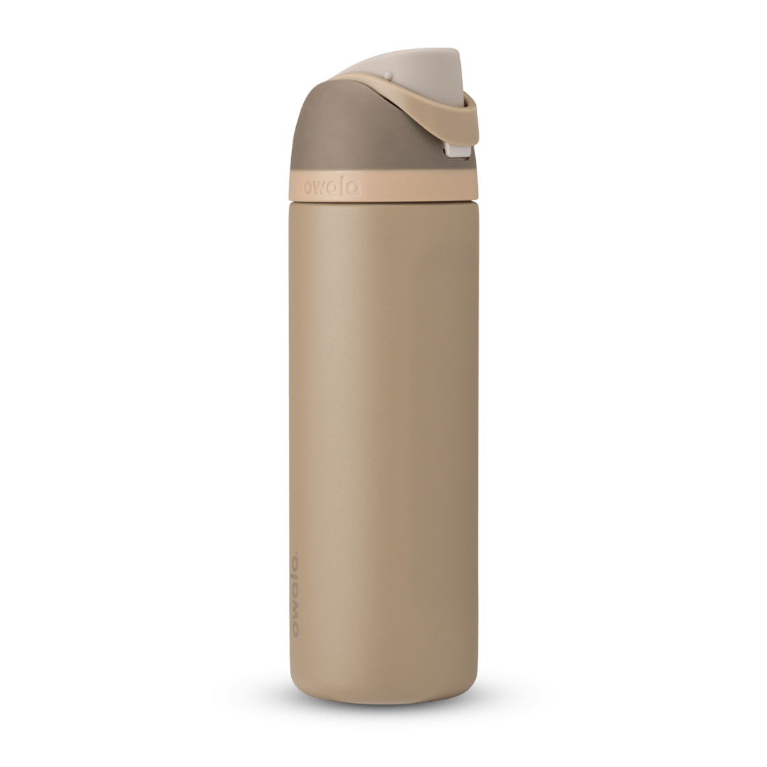 FreeSip 24oz water bottle, warm sandy tan body with matching tan lid and carry loop