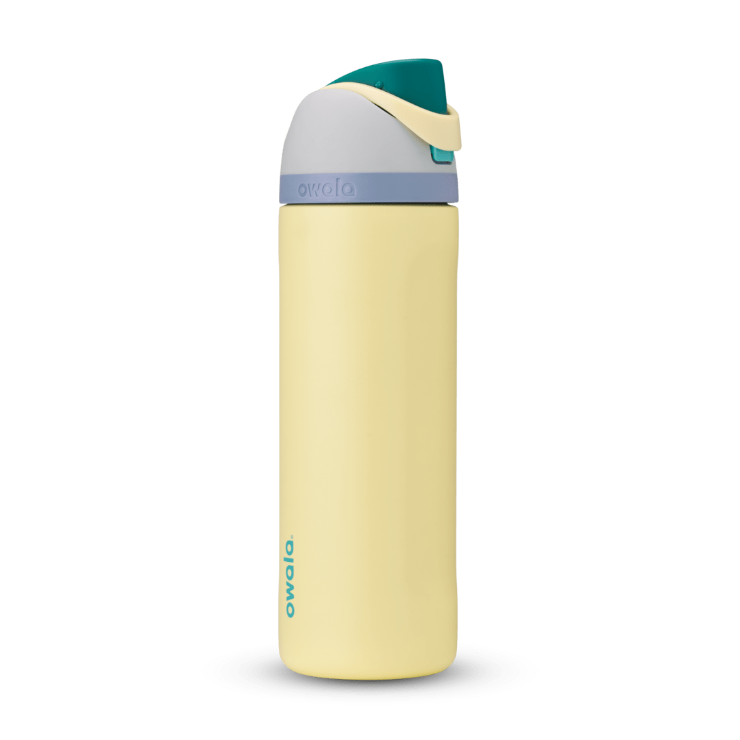 FreeSip 24oz in Sunny Daze, soft yellow body with teal flip cap, cream carry loop, gray lid, and lavender accent band