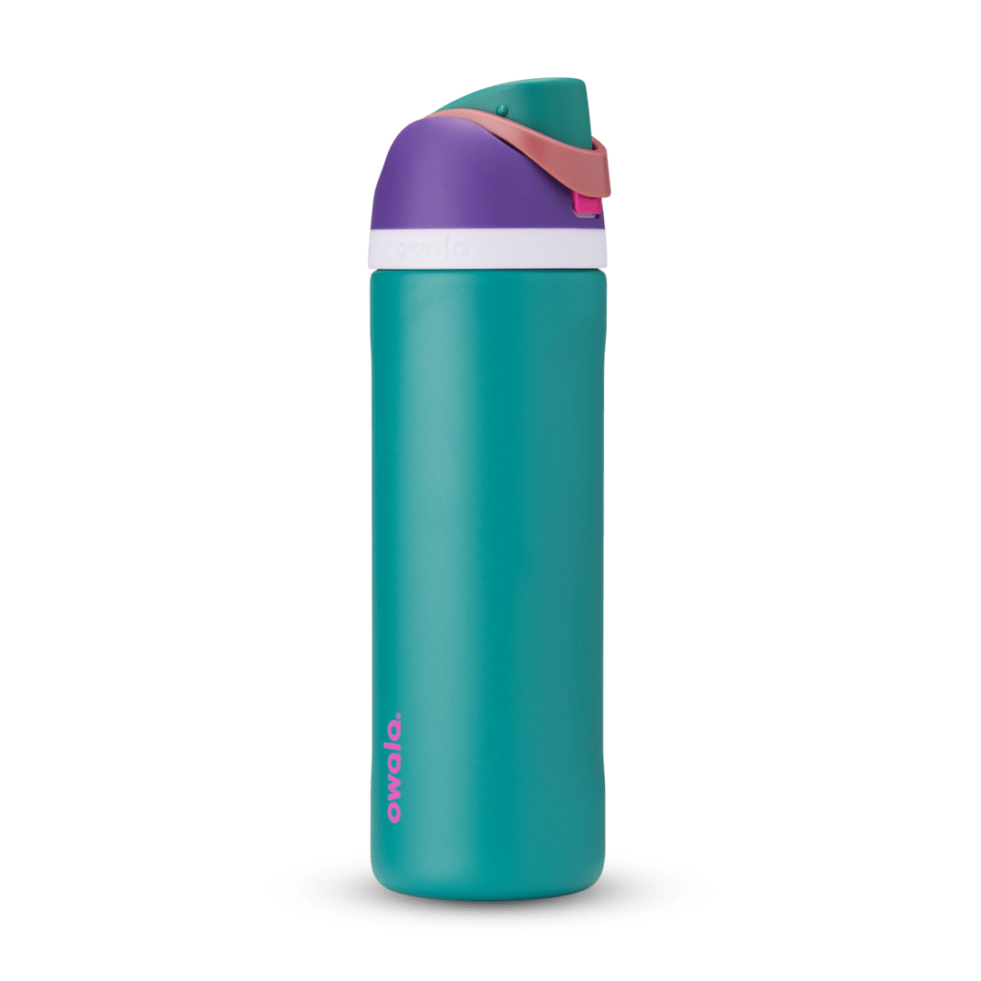 FreeSip 24oz water bottle, bright teal body with purple, peach, and white color-block lid and flip cap