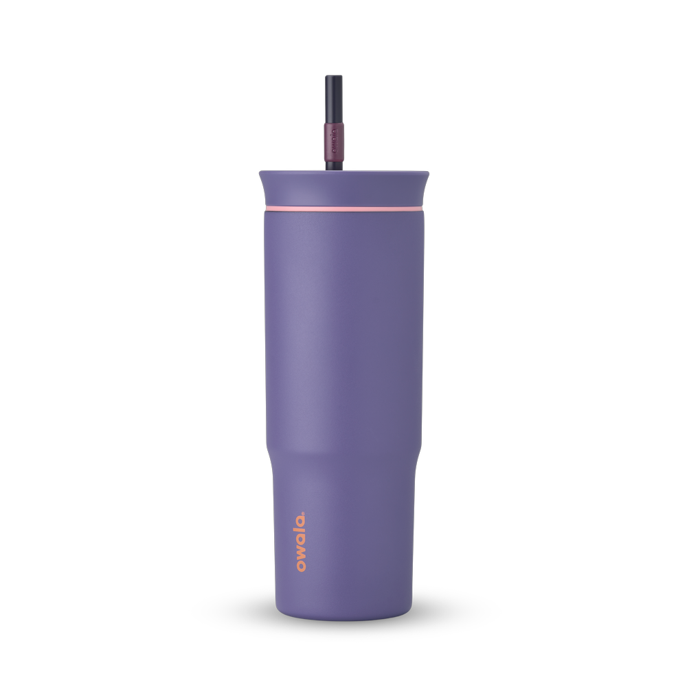 24oz Tumbler in Blue Jay, matte purple insulated tumbler with matching purple lid, light pink accent ring, and dark plum straw with mauve grip, peach Owala wordmark on front