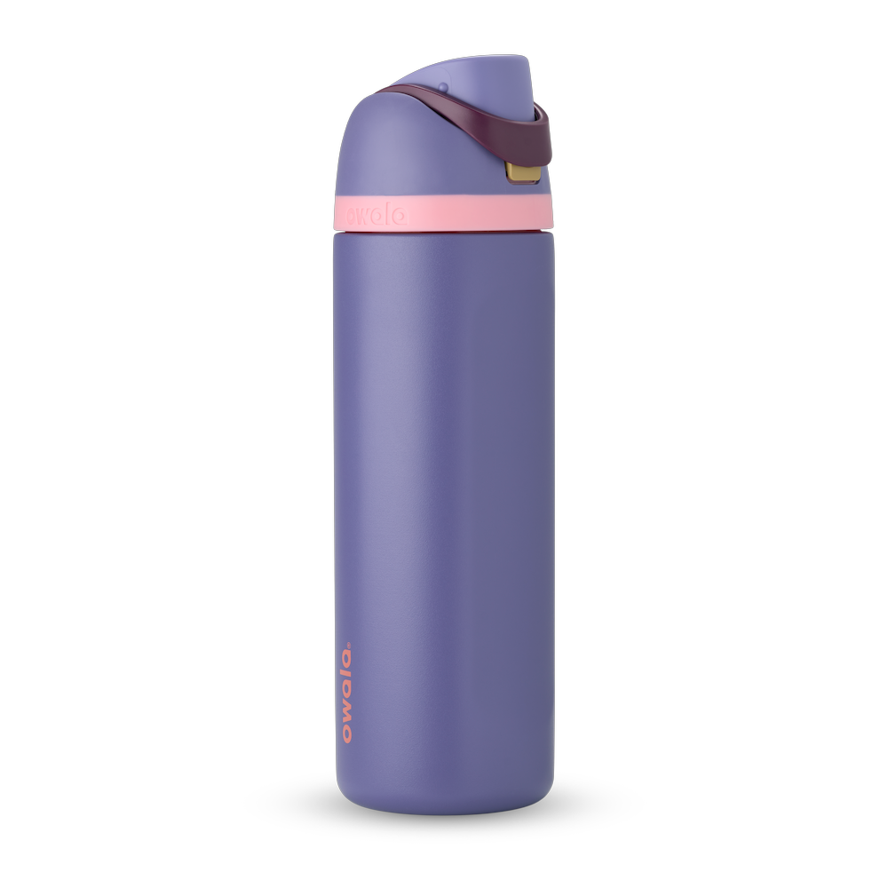 FreeSip 24oz in Blue Jay, dusty purple body with matching purple flip cap, dark burgundy carry loop, and light pink accent band
