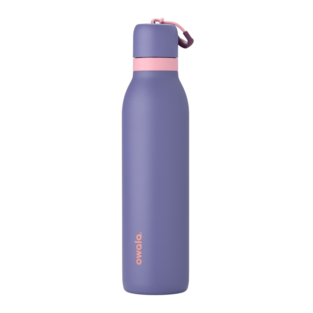 FreeSip Twist UK 24oz, medium purple insulated water bottle with pink accent band and coral carry loop