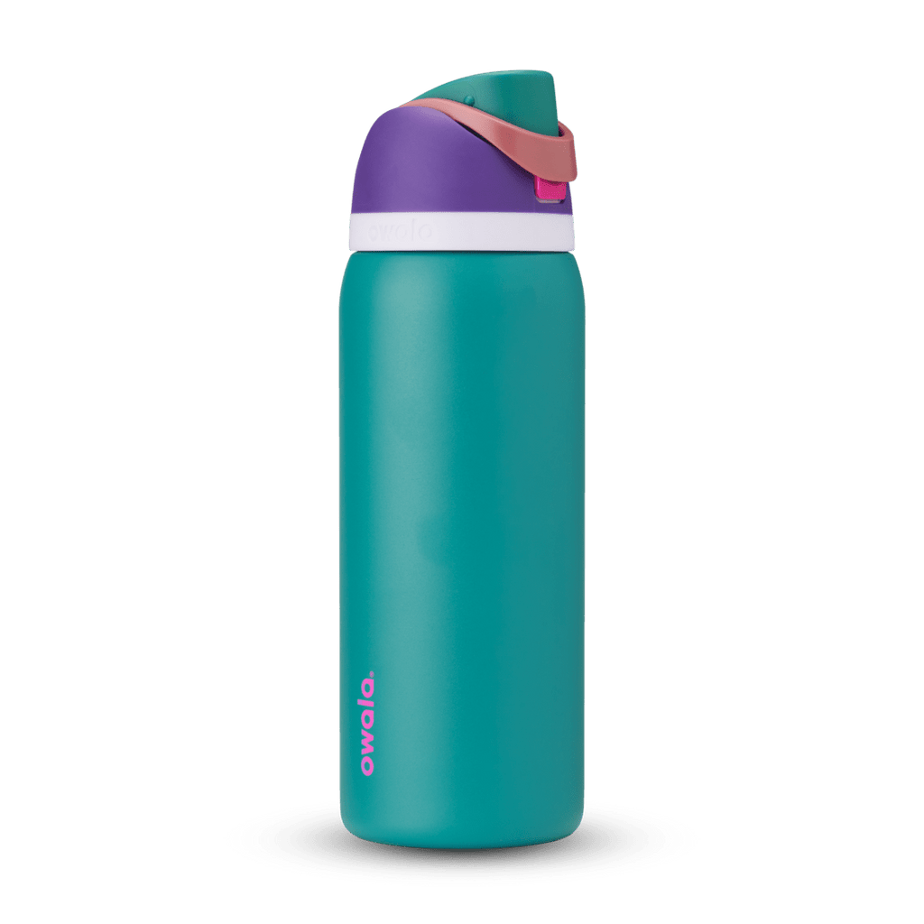 FreeSip 32oz water bottle, bright teal body with purple, peach, and white color-block lid and flip cap