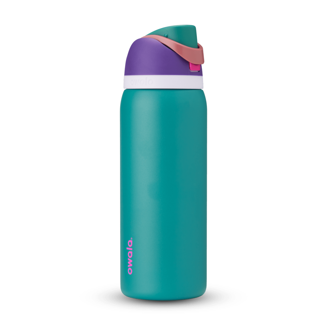 FreeSip 32oz water bottle, bright teal body with purple, peach, and white color-block lid and flip cap