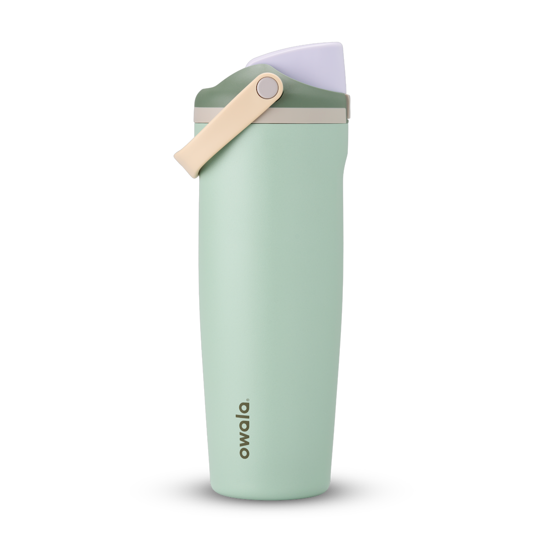FreeSip Sway 32oz, soft mint green tumbler with angled flip cap and tan carry loop