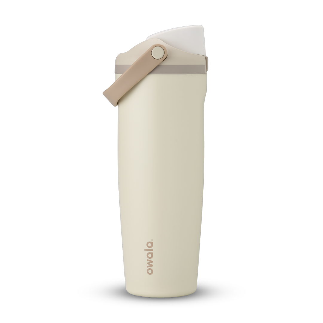 FreeSip Sway 32oz in Lightly Toasted, cream off-white insulated water bottle with white flip cap, tan carry loop and pale taupe accent, lid open