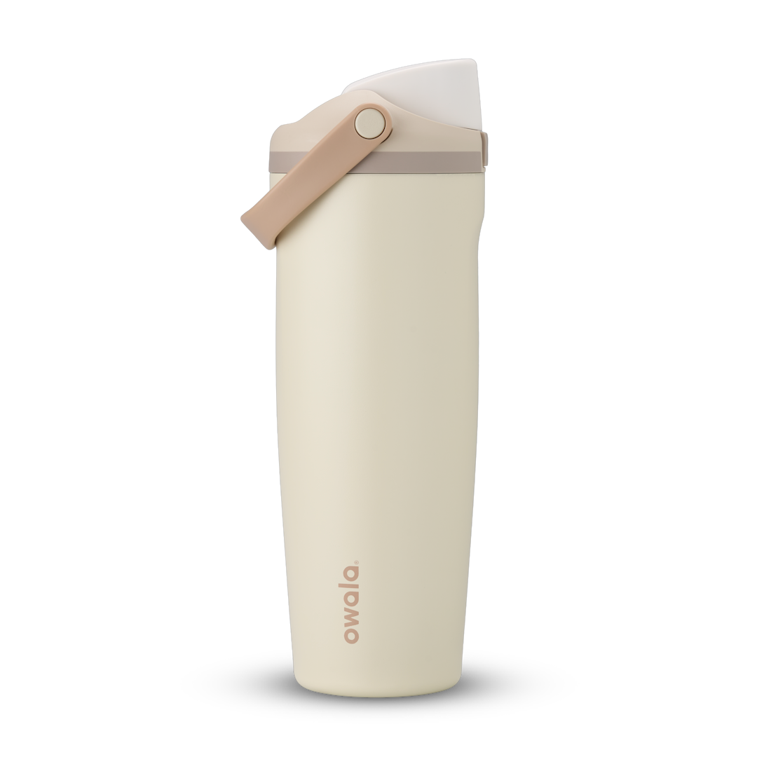 FreeSip Sway 32oz, warm off-white cream tumbler with beige flip cap and tan carry loop