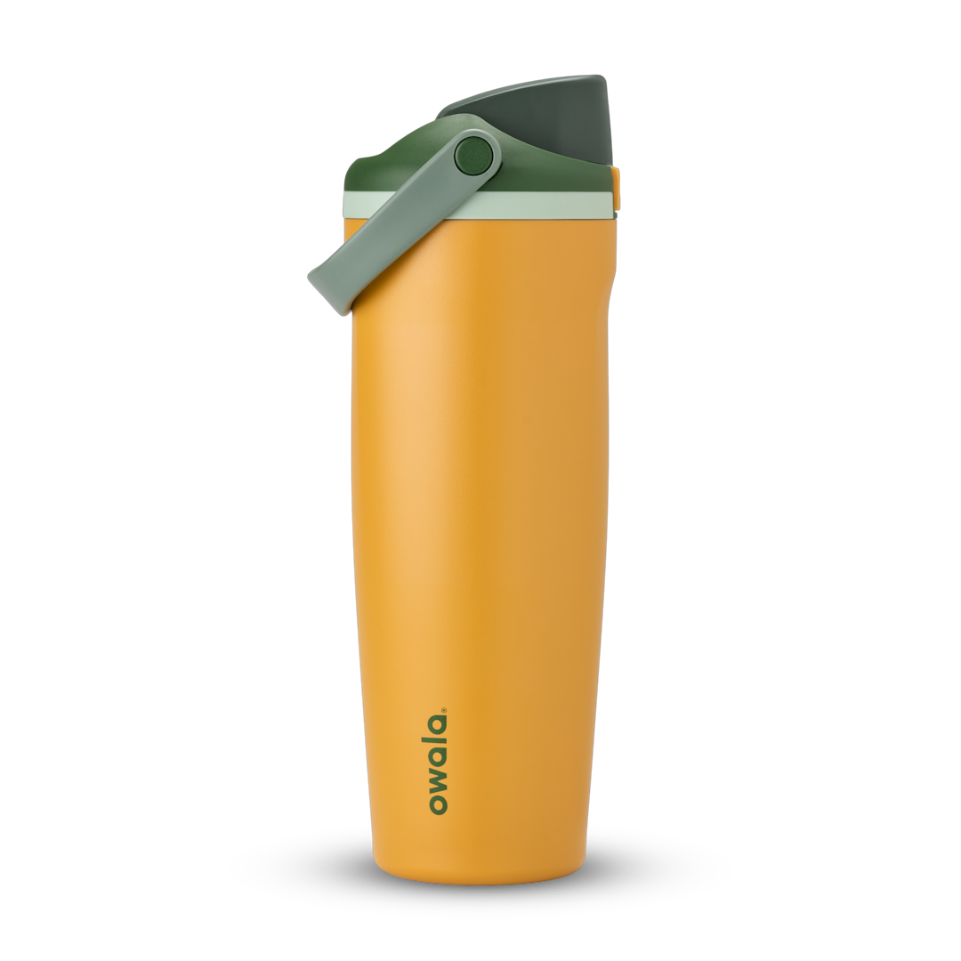 FreeSip Sway 32oz in Orange Grove, bright orange insulated water bottle with dark forest green flip cap, sage green carry loop and pale mint accent, lid open