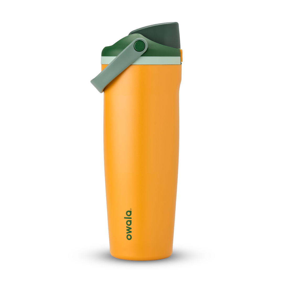 FreeSip Sway 32oz, bright golden yellow tumbler with dark olive green flip cap and carry loop