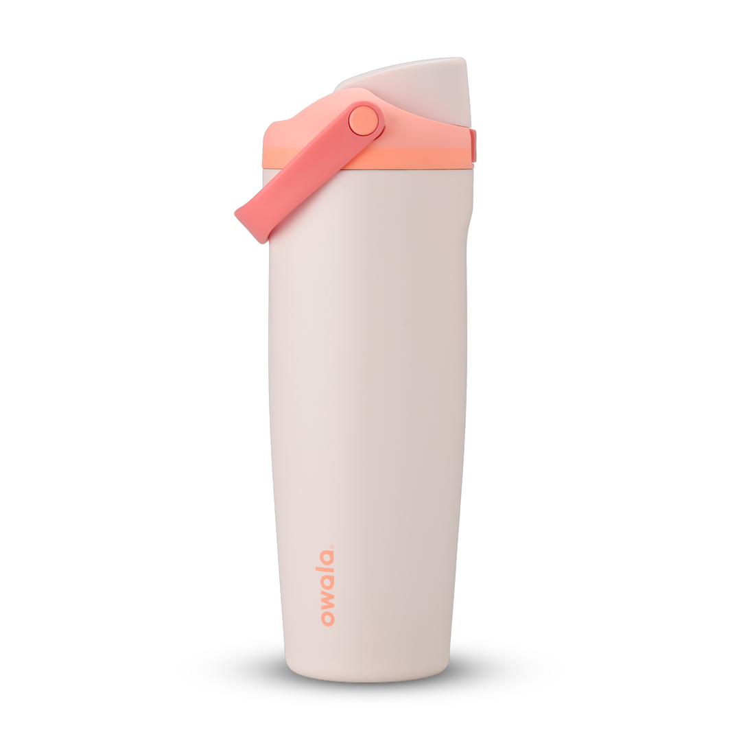 FreeSip Sway 32oz in Sparkling Sherbet, pale blush pink insulated water bottle with light pink flip cap, coral pink carry loop and bright coral accent, lid open