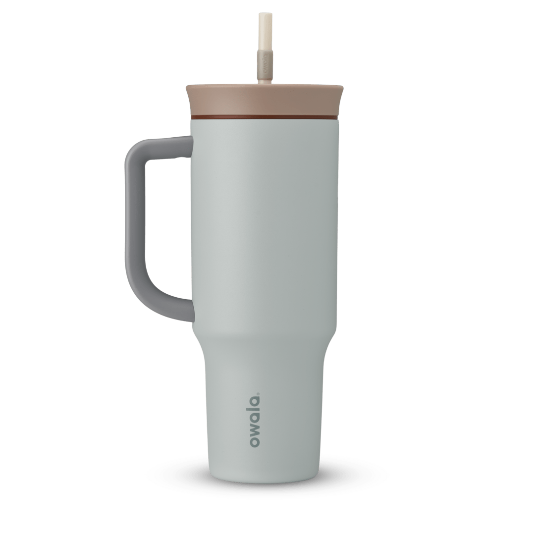 40oz Tumbler in Calm Waters, pale icy blue insulated tumbler with grey handle, taupe lid, and cream straw