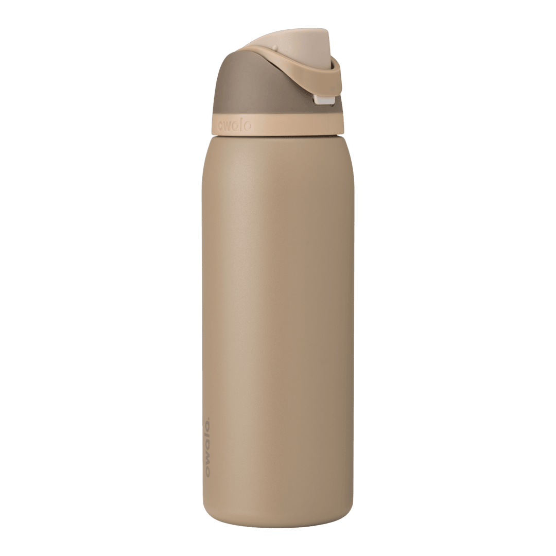 FreeSip 40oz water bottle, warm sandy tan body with matching tan lid and carry loop