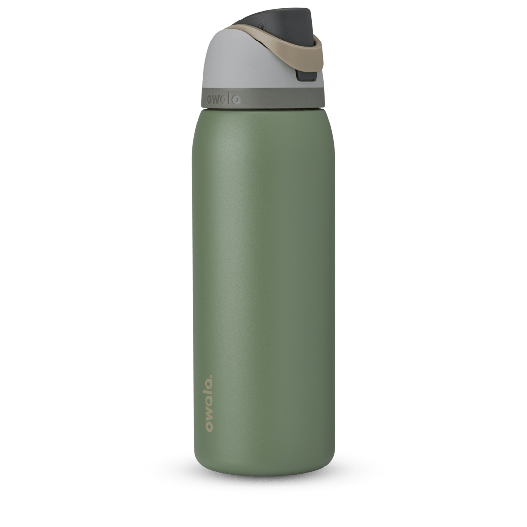 FreeSip 40oz in Green House, olive green body with light gray lid, tan carry loop, and dark gray flip cap
