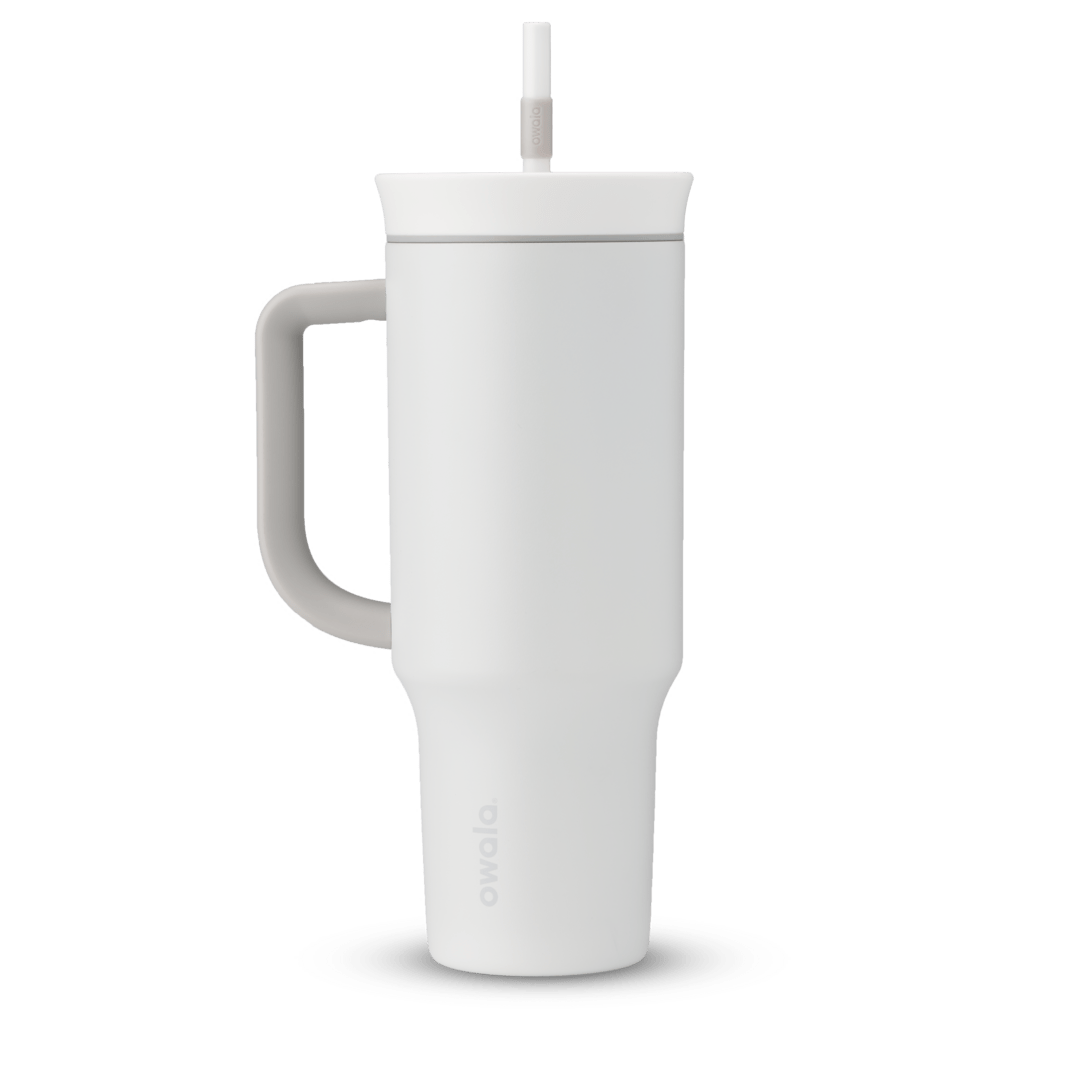 40oz Tumbler in Shy Marshmallow, soft off-white insulated tumbler with pale grey handle, matching white lid, and white straw