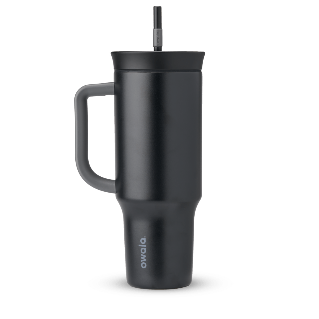 40oz Tumbler in Very, Very Dark, near-black charcoal insulated tumbler with matching dark handle, lid, and straw