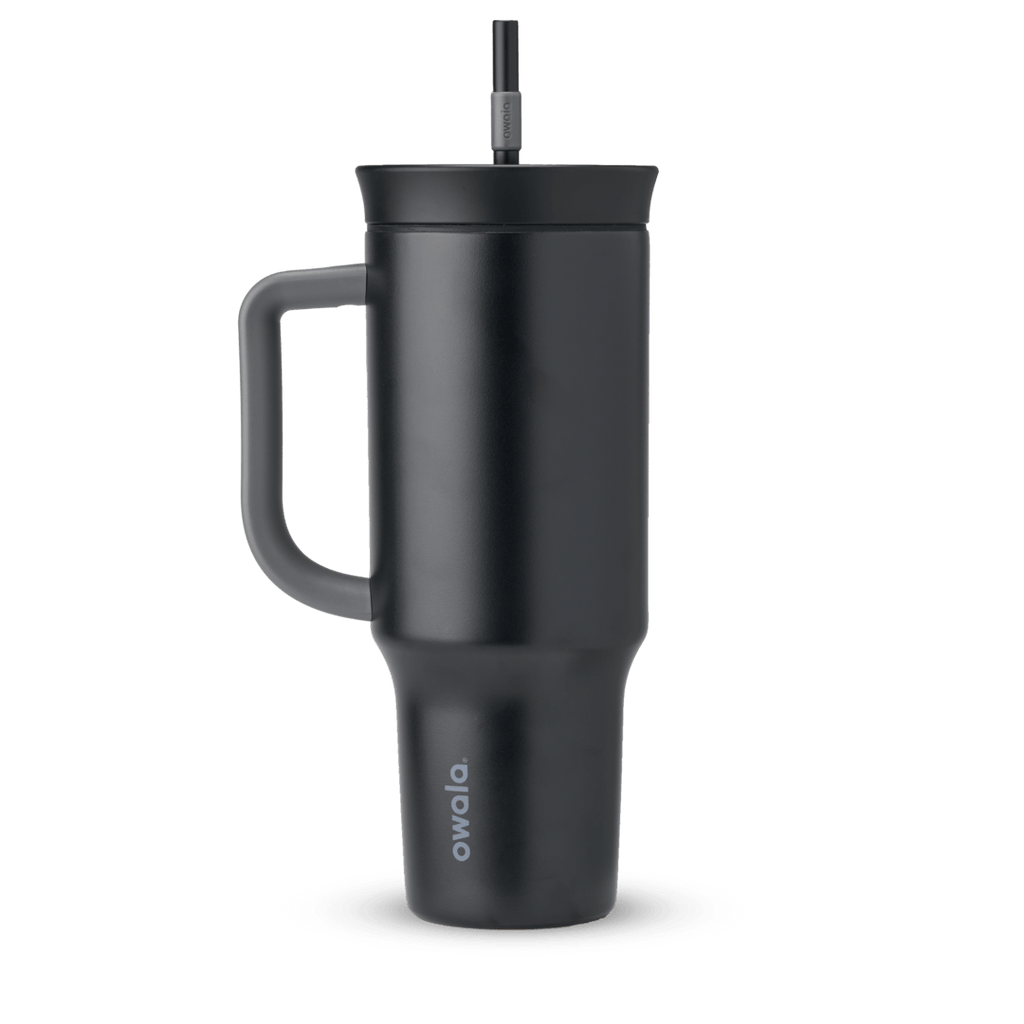 40oz Tumbler in Very, Very Dark, near-black charcoal insulated tumbler with matching dark grey handle, lid, and straw