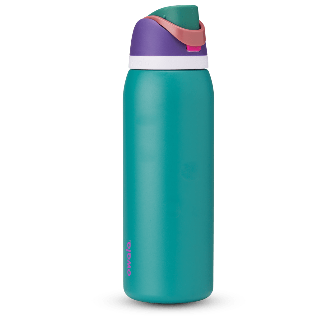 FreeSip 40oz in 80s Ski Slopes, teal body with purple flip cap, pink carry loop, white accent band, and pink logo