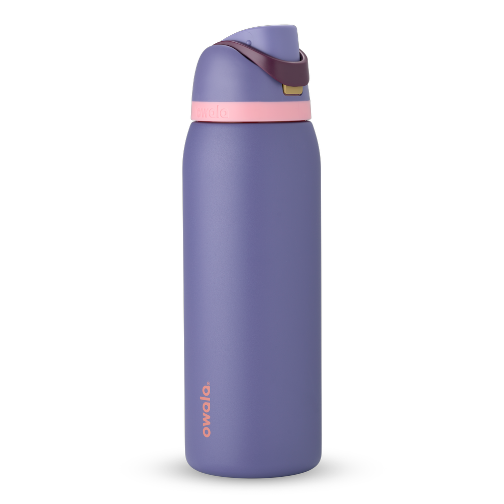 FreeSip 40oz in Blue Jay, dusty purple body with matching purple flip cap, dark burgundy carry loop, and light pink accent band