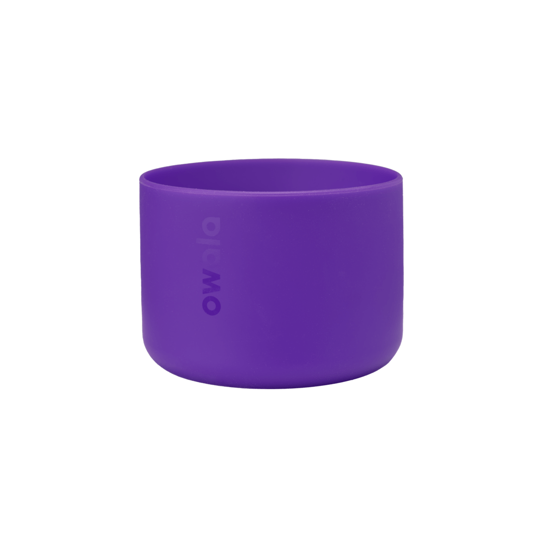 Bottle Boot 40oz in bright purple silicone; wide cylindrical form with Owala wordmark