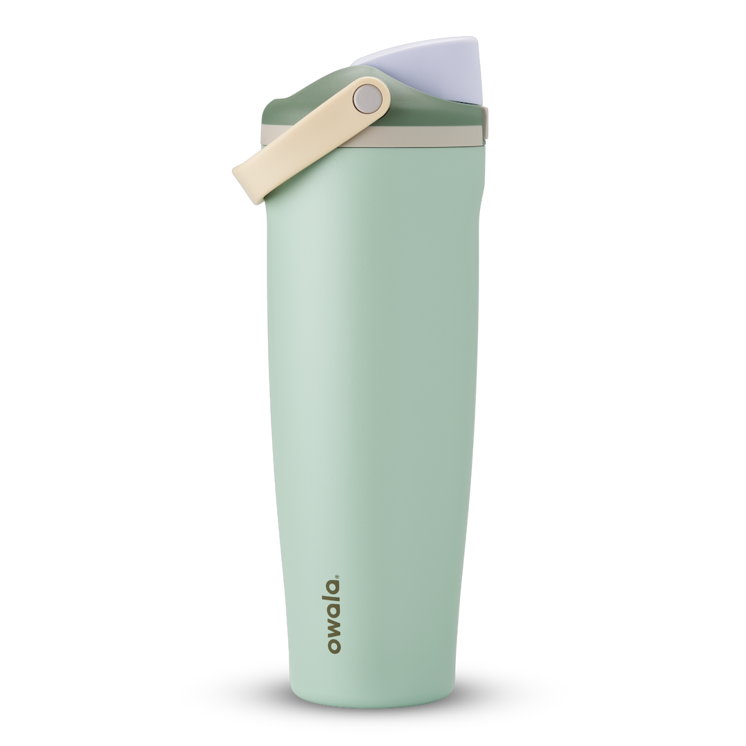 FreeSip Sway 40oz, soft mint green tumbler with sage green flip cap and tan carry loop; taller 40oz
