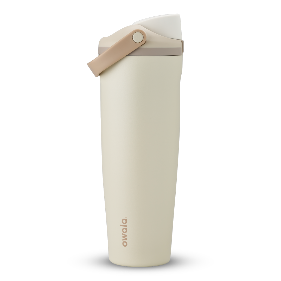 FreeSip Sway 40oz in Lightly Toasted, cream off-white insulated water bottle with white flip cap, tan carry loop and pale taupe accent, lid open