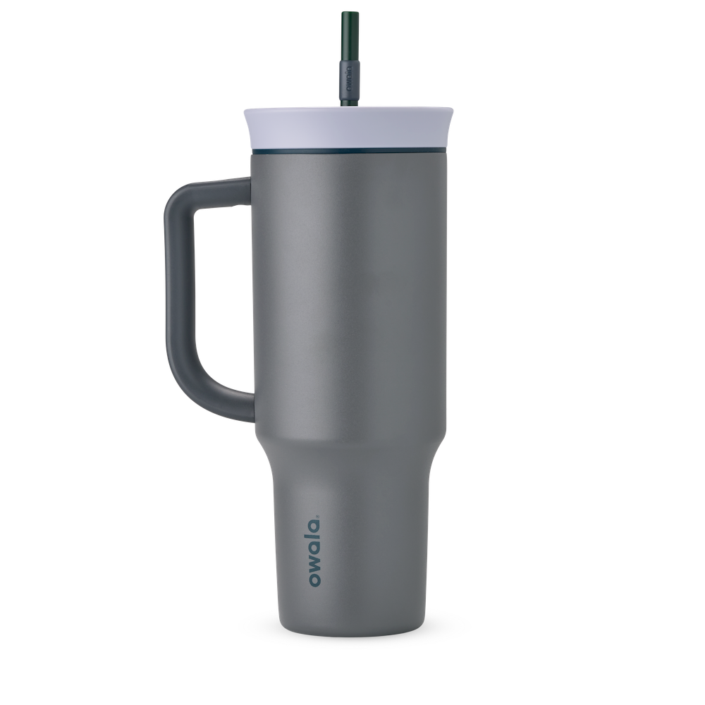 40oz Tumbler in Off the Grid, slate grey insulated tumbler with darker grey handle, pale lavender lid with navy accent ring, and dark green straw