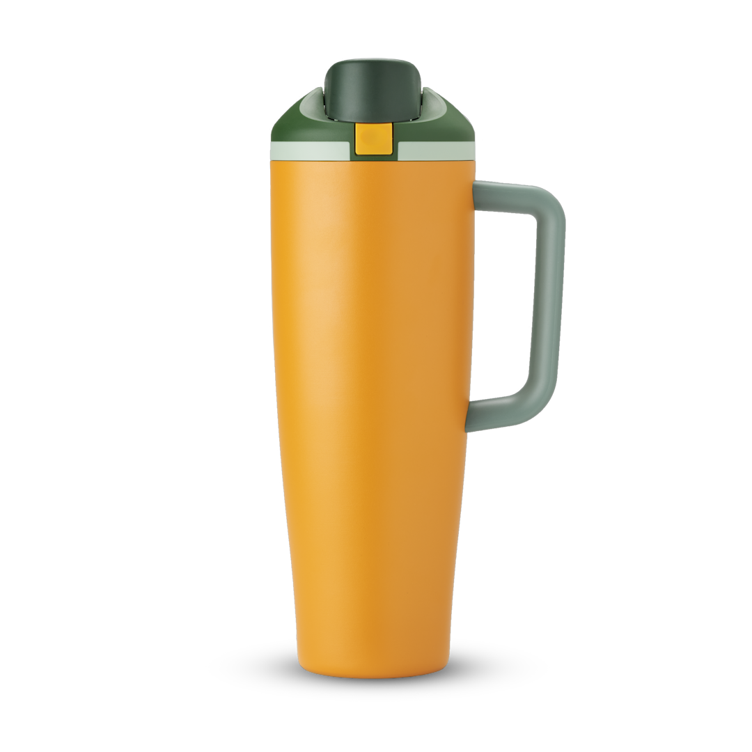 FreeSip Tumbler 40oz in Orange Grove — bright orange body with dark forest green lid and orange handle, viewed from the handle side