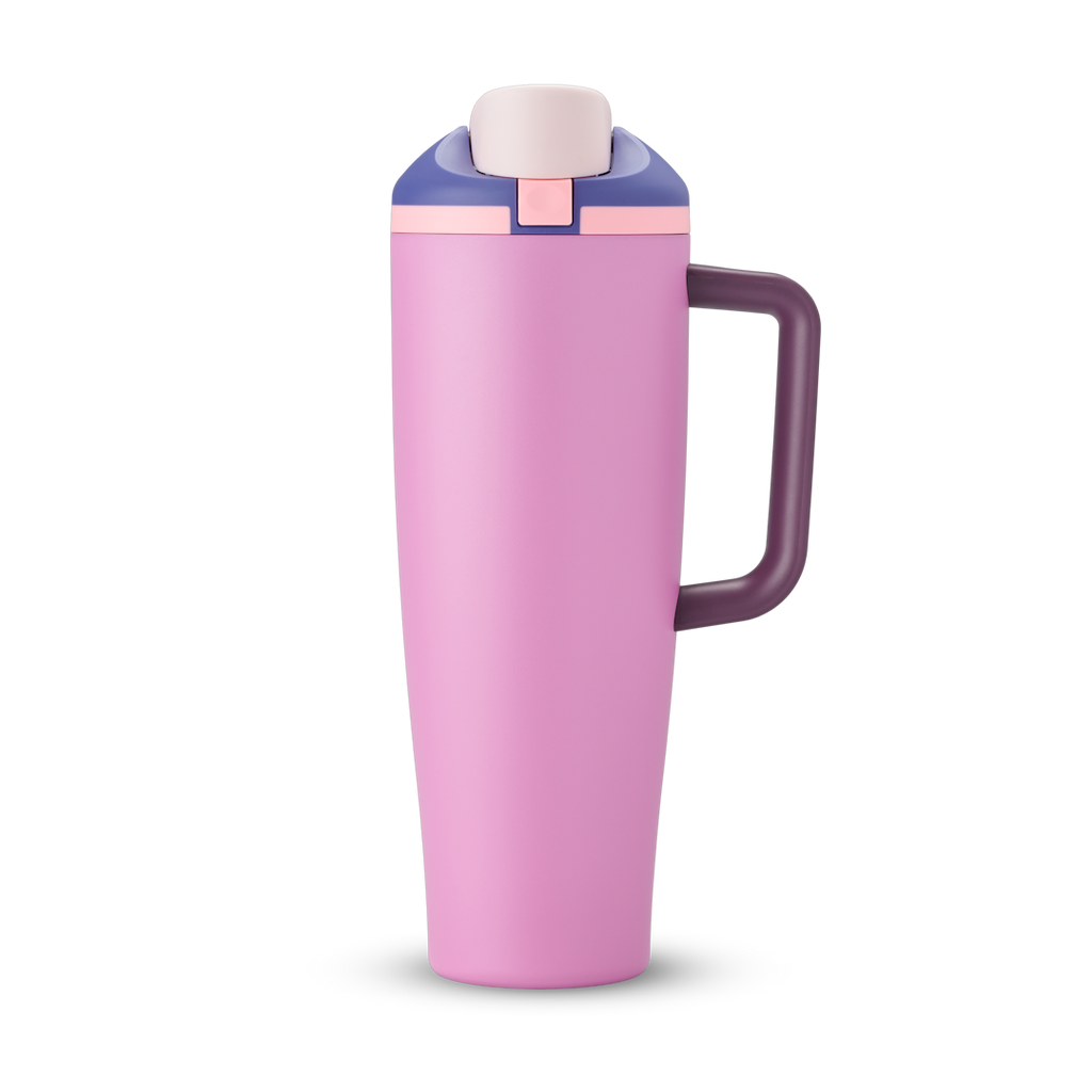 FreeSip Tumbler 40oz in Pretty in Purple — light pink/lavender body with purple lid and matching handle, viewed from the handle side