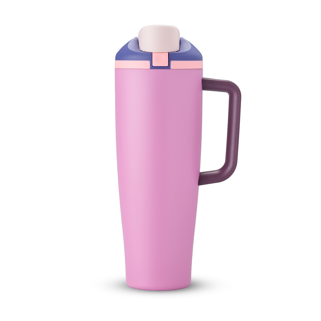FreeSip Tumbler 40oz in Pretty in Purple — light pink/lavender body with purple lid and matching handle, viewed from the handle side