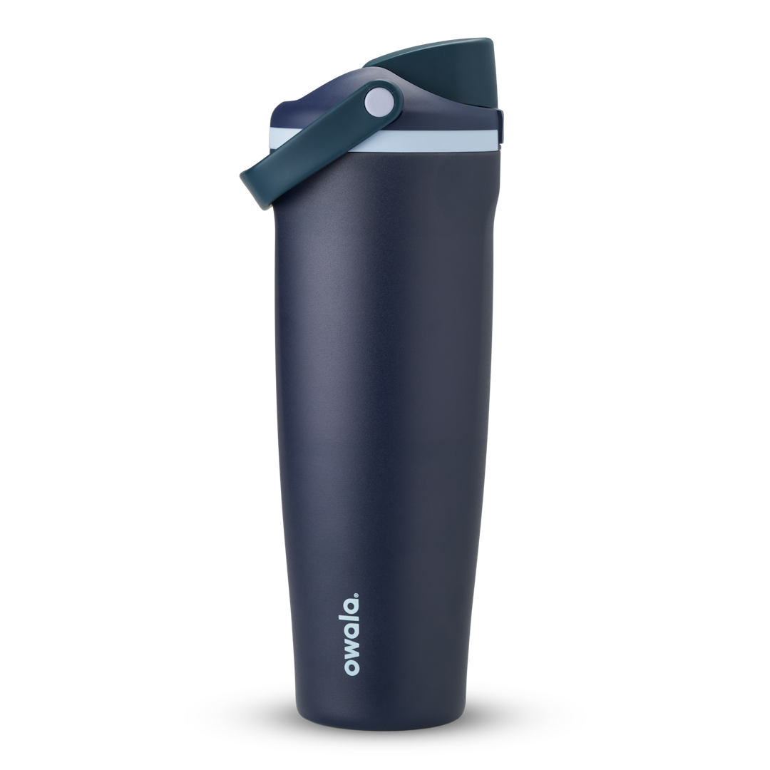 FreeSip Sway 40oz, deep navy blue tumbler with dark teal flip cap and pale blue carry loop; taller 40oz