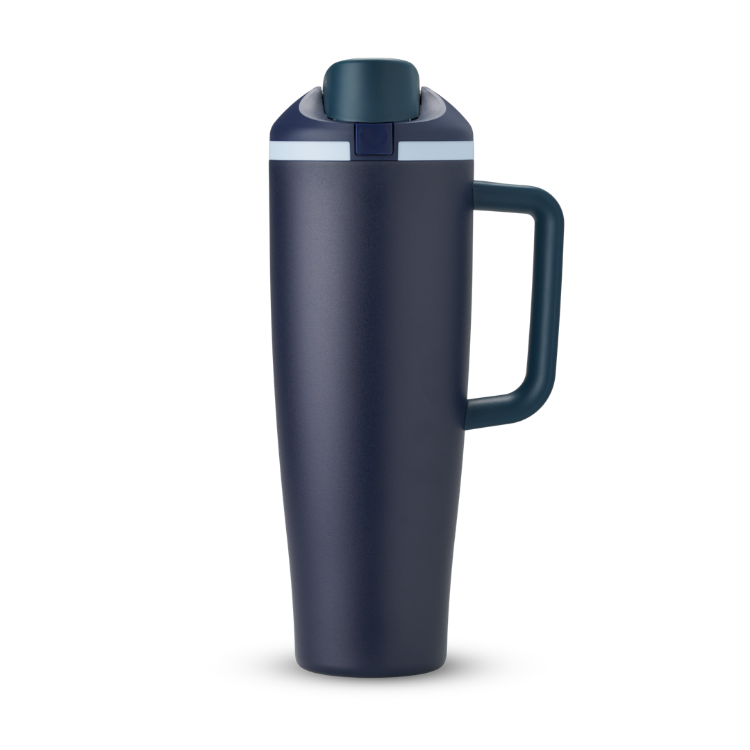 FreeSip Tumbler 40oz in Sea Captain — dark navy blue body with teal/dark green lid and navy handle, viewed from the handle side