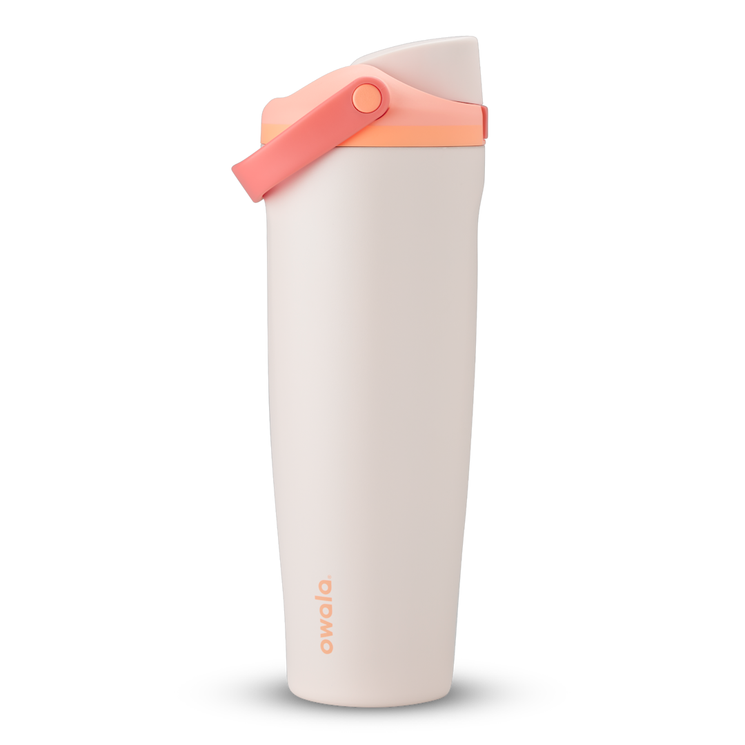 FreeSip Sway 40oz in Sparkling Sherbet, pale blush pink insulated water bottle with light pink flip cap, coral pink carry loop and bright coral accent, lid open