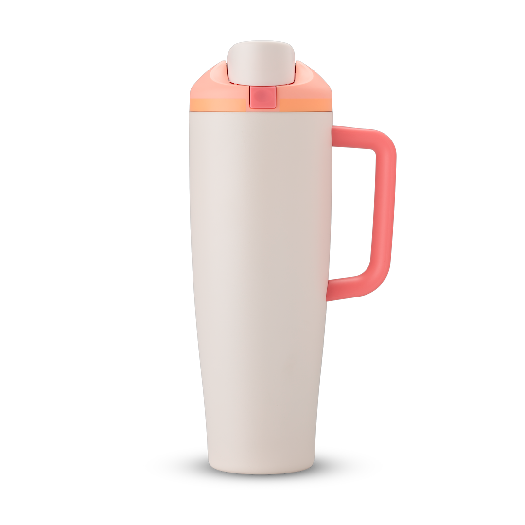 FreeSip Tumbler 40oz Sparkling Sherbet, cream body with peach orange flip cap, pink push-button, cream lid, and coral pink handle