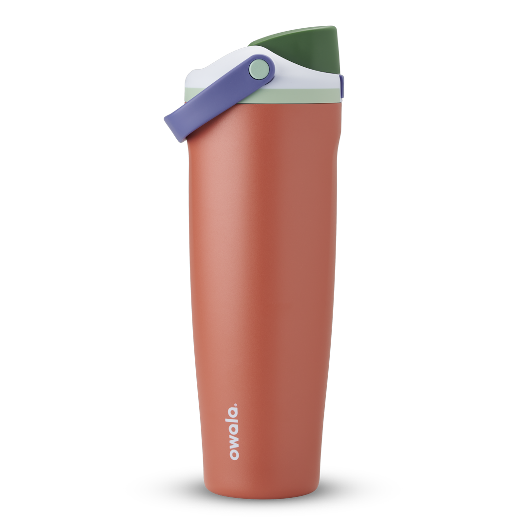 FreeSip Sway 40oz in Summer Harvest, terracotta orange insulated water bottle with dark green flip cap, lavender purple carry loop and mint green accent, lid open