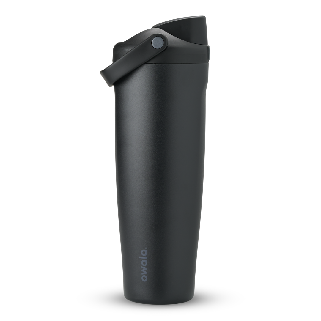 FreeSip Sway 40oz in Very Very Dark, all-black insulated water bottle with matching black flip cap and carry loop, lid open