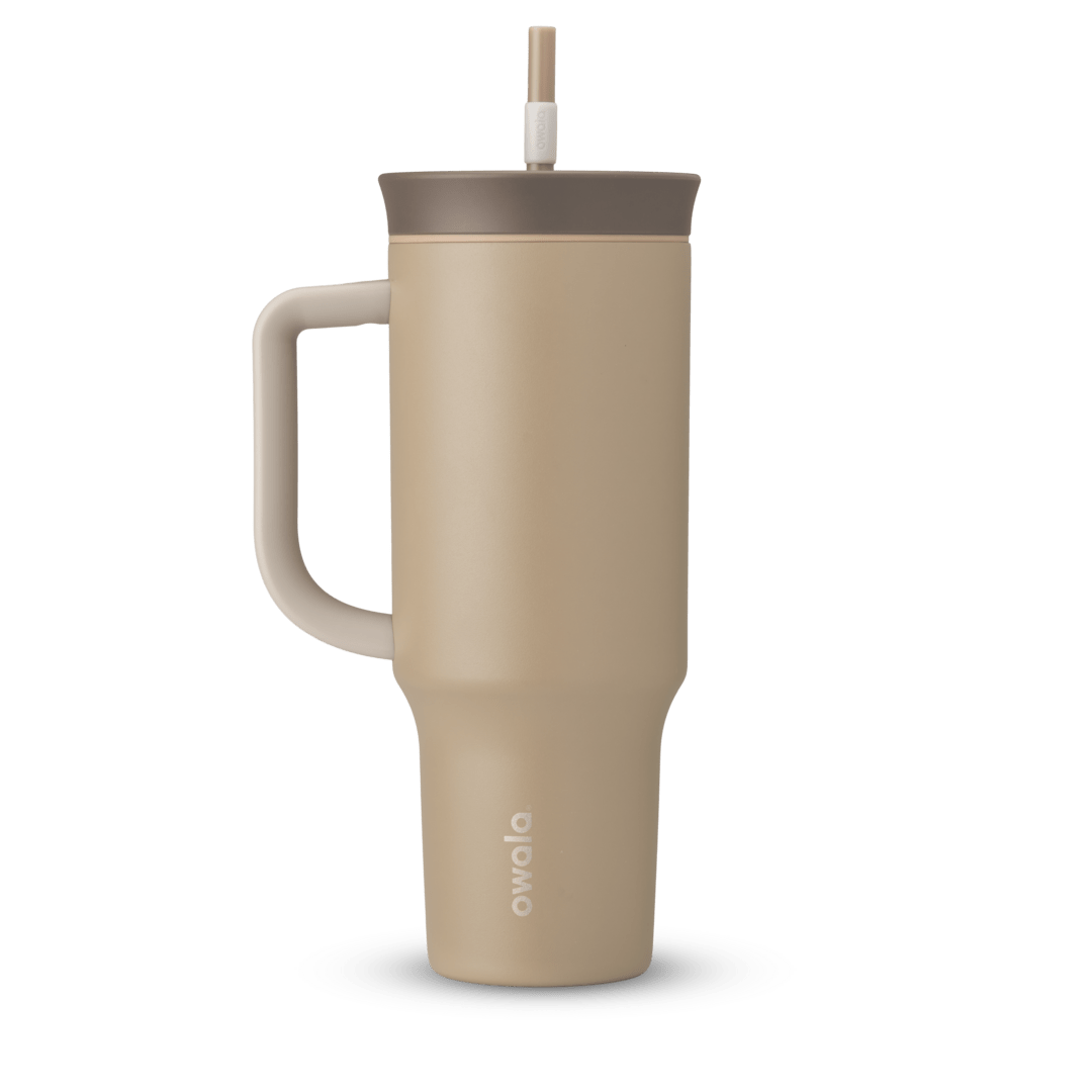 40oz Tumbler in Down to Earth; warm tan body with brown lid, cream handle, and tan straw