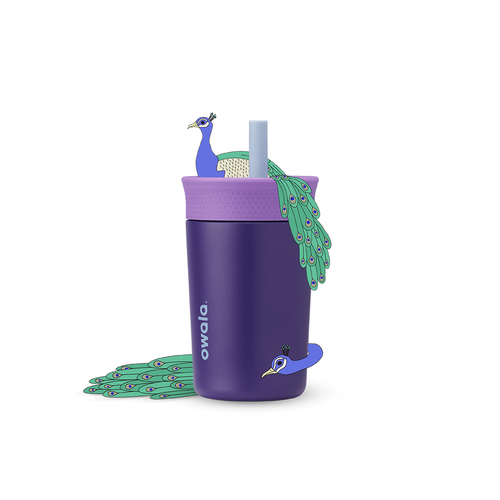 Kids' Tumbler 12oz in Peacock Palace; deep purple insulated tumbler with light lavender lid and pale blue straw, white Owala logo on front