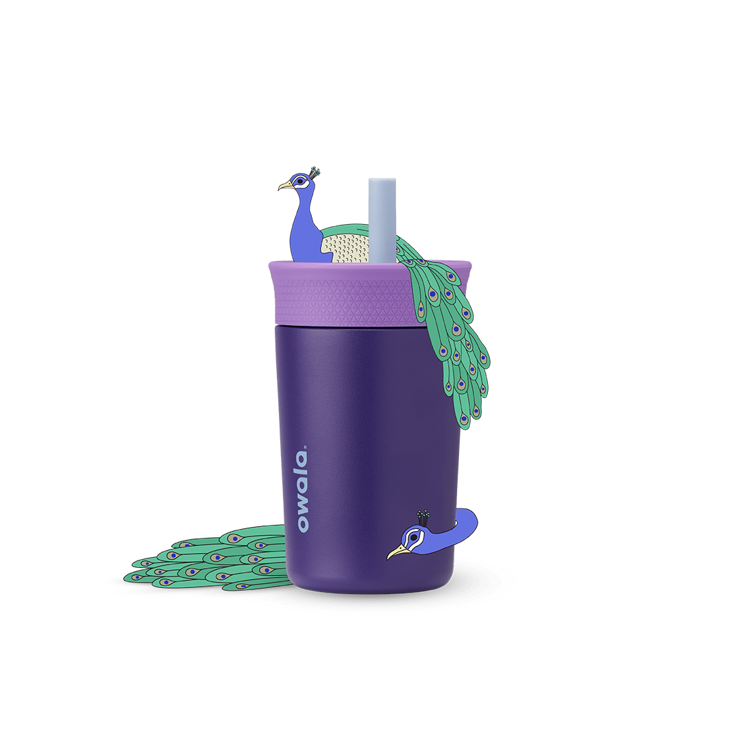 Kids' Tumbler 12oz in Peacock Palace; deep purple insulated tumbler with light lavender lid and pale blue straw, white Owala logo on front