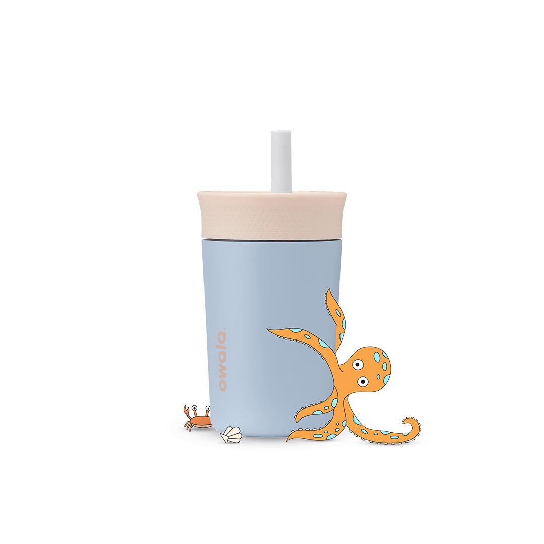 Kids' Tumbler 12oz in Seas the Day; light periwinkle blue insulated tumbler with cream lid and white straw, white Owala logo on front