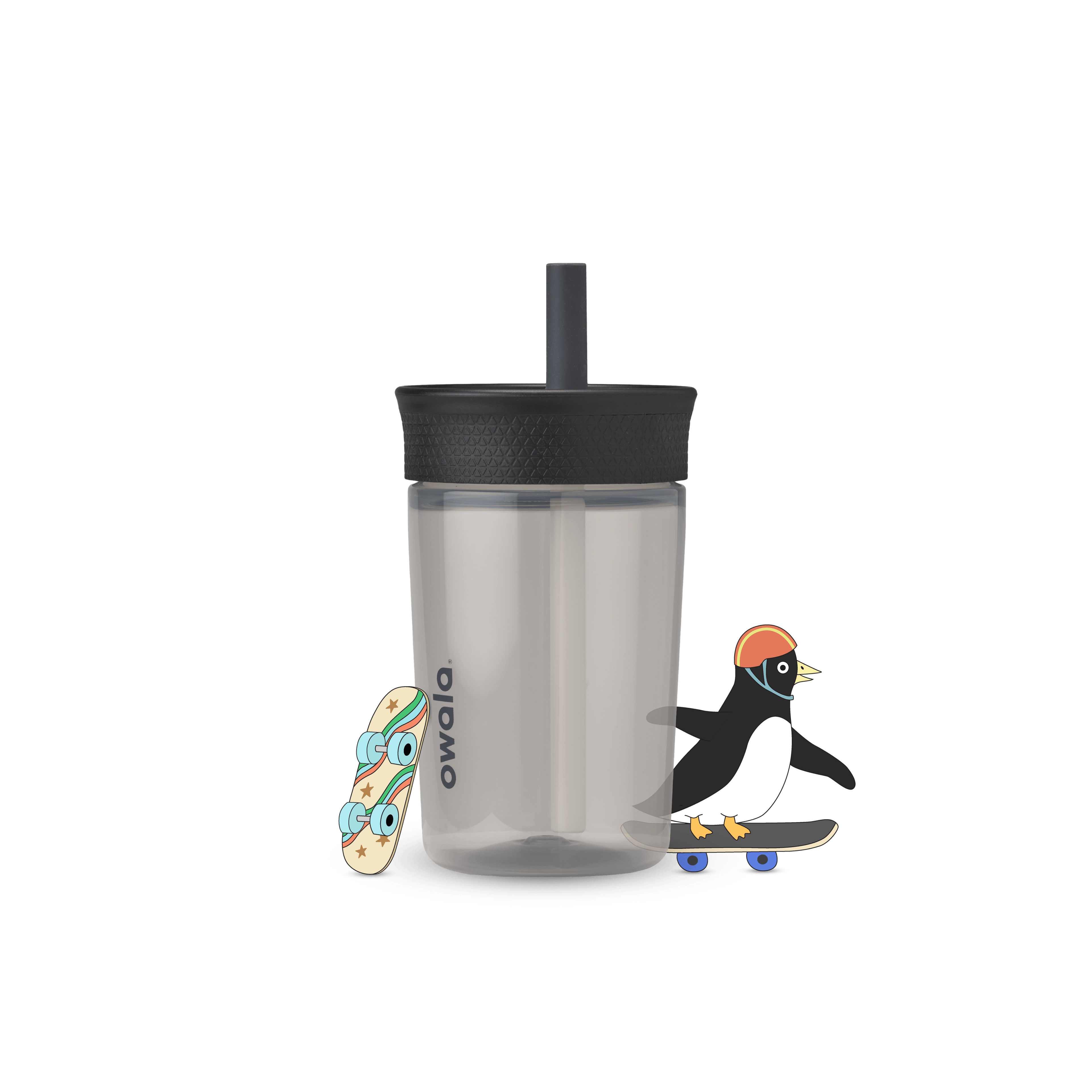 Kids' Tumbler 15oz in Skate Park; translucent smoke gray plastic body with black lid and matching black straw, black Owala logo on front