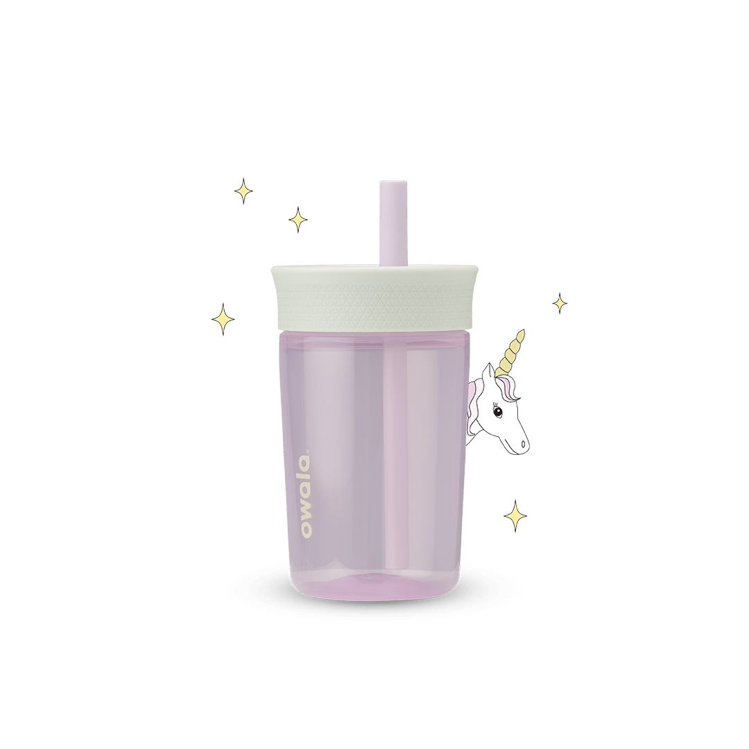 Kids' Tumbler 15oz in Unicorn; translucent lavender plastic body with light green lid and lavender straw, unicorn character graphic on side with sparkle accents