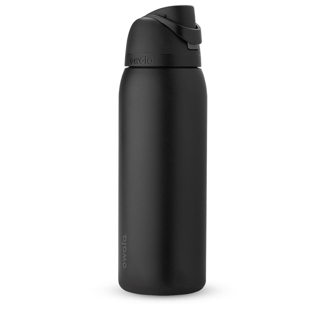 FreeSip 40oz in Very, Very Dark, all-black insulated bottle with matching black flip cap, carry loop, and lid