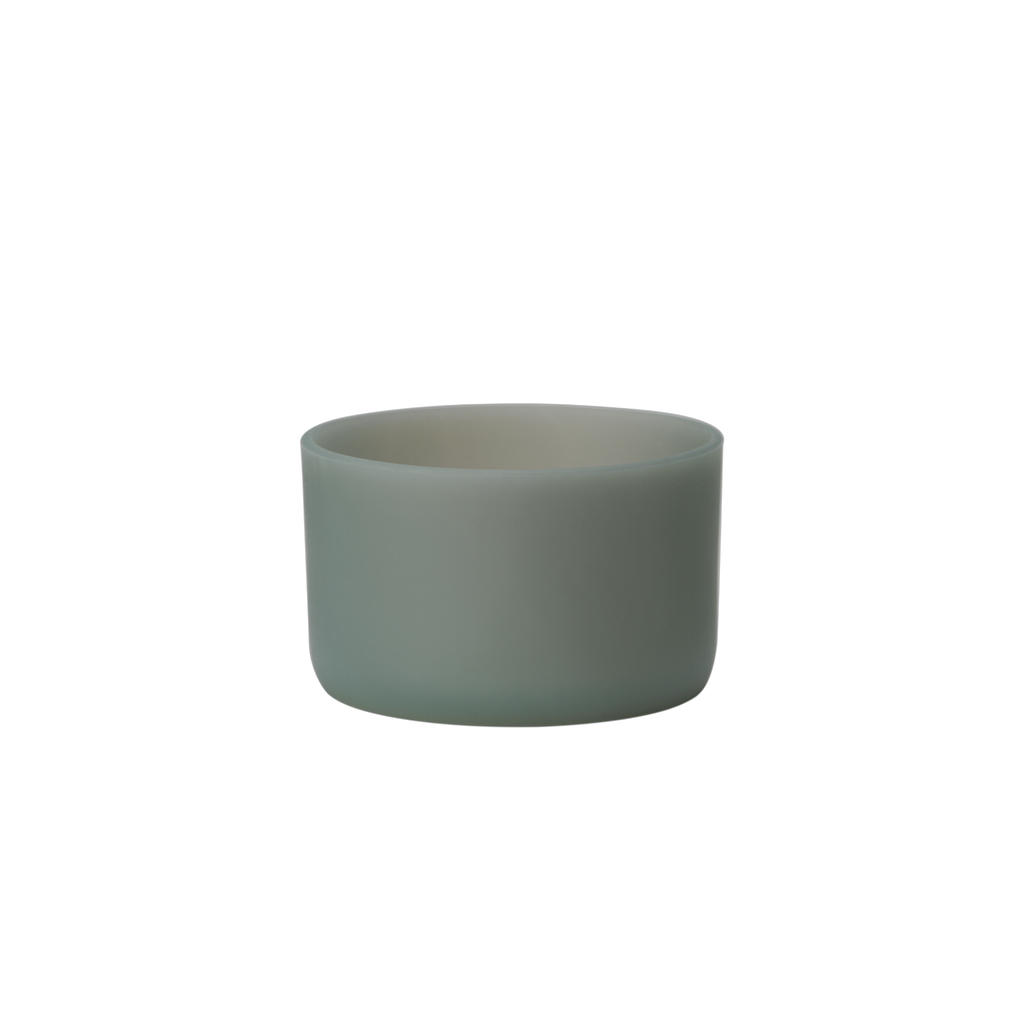 Owala Bottle Boot in translucent matte sage green silicone, wide short cylindrical form for FreeSip Tumbler and Sway bottles